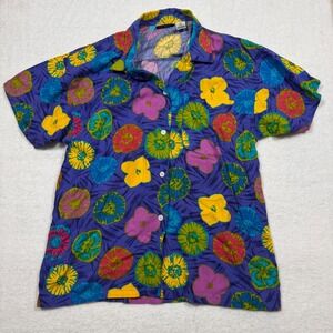 Gitano Vintage 90s Purple Floral Summer Short Sleeve Button Down Shirt‎ Womens L